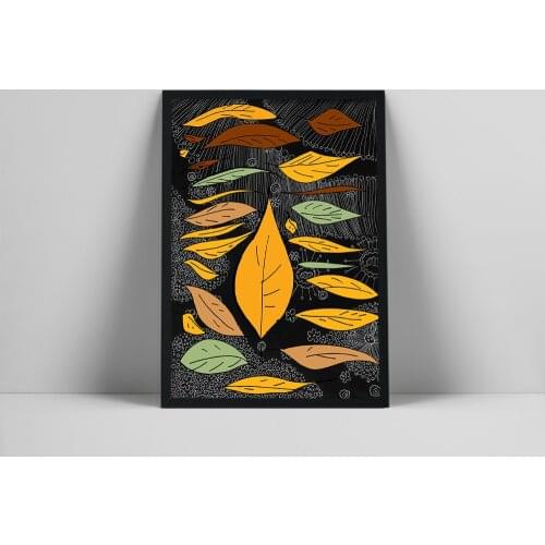 Minimalist Falling Autumn Leaves Wall Art Print, Abstract Colorful Botany Print, Contemporary Artwork, Modern Yellow Blacer, Mi