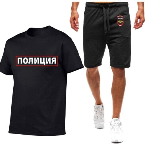 2021 Russian The Police Letter Print New Polo ShirtsMens Short sleeve shorts suitMale Cotton Harajuku Tops Casual Sport T-Shirt
