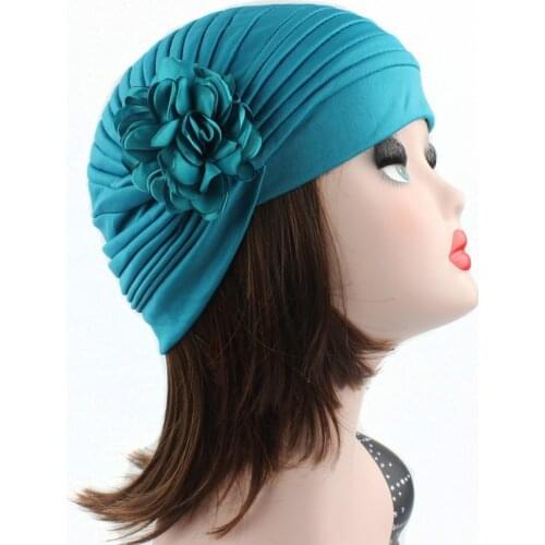 New Woman Beautiful Flower Turban Elastic Cloth Head Cap Hat Ladies Hair Accessories Muslim Womens Hijabs Scarf Cap 13 Colors