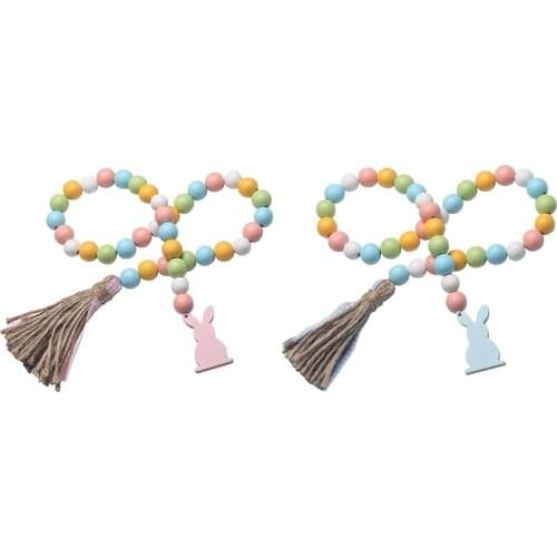 Easter Wood Bead Garland with Tassels and Bunny Tag Rustic Farmhouse Tiered Tray Spring Decorations Holiday