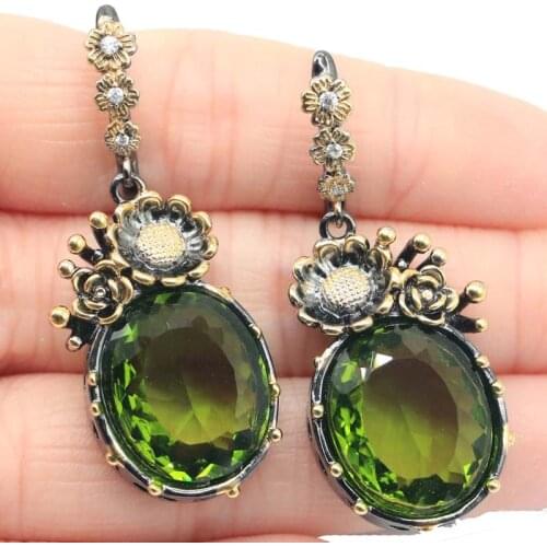 47x18mm Neo-Gothic 18g Vintage 18x15mm Jewelry Set Earrings Pendant Created Green Peridot Flower Women Black Gold Daily Wear