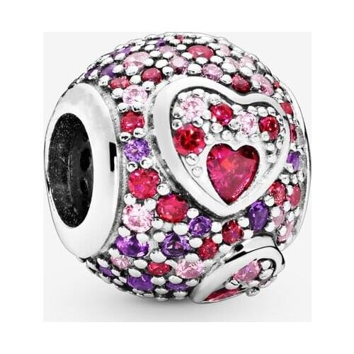 Fits Pandora Bracelets Original Charms 925 Sterling Silver Asymmetrical Hearts Pave Beads DIY Jewelry Making Gift Wholesale