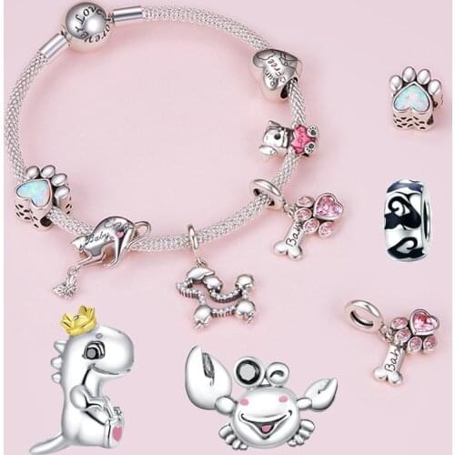 Original 925 sterling silver beads CZ cute puppy cat charms fit Pan bracelet pendant animal fashion jewelry woman gift making