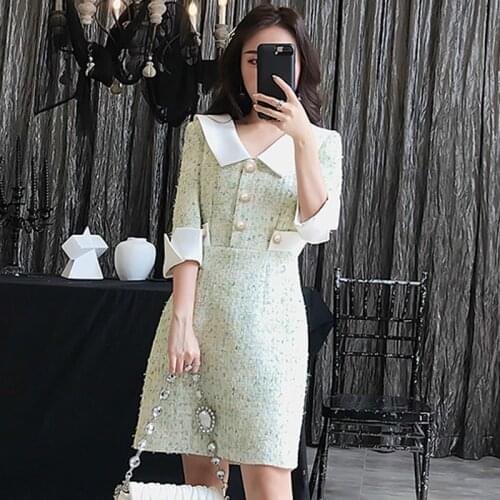 Light green tweed dress 5-point sleeve 2020 spring / autumn womens dress splice ladies slim Retro one-piece bottoming dress