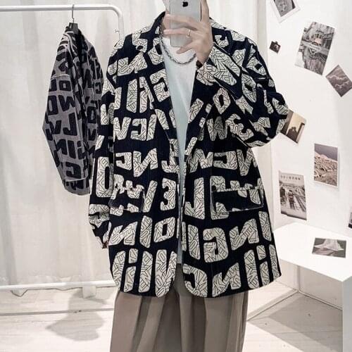 Korean-style Corduroy Blazers Men Letter Printed Casual Trendy Loose One Button Suit Jackets Male Streetwear Suit-tops