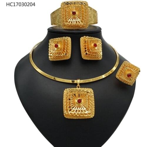 YULAILI Ethiopian Jewelry Pure Gold Color Jewelry Set Habesha Eritrean Big Pendant Bangle Earrings Ring Women Wedding Gift