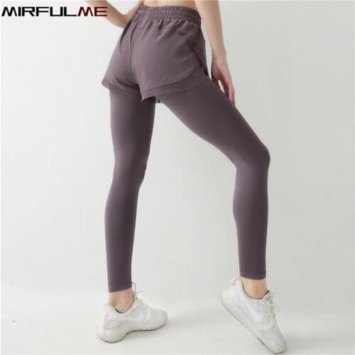 Women Leggings Sport Fake Two Pieces Yoga Pants Elastic Capris Running Trouser Slim Lace Pant Gym Fitness Tights Workout Leggins
