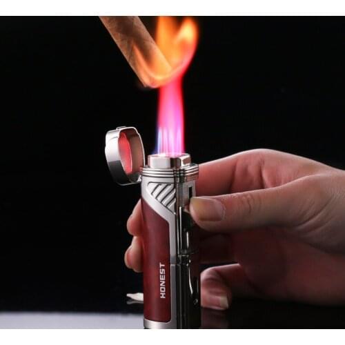 2020 popular Honest Four straight jet torch flame lighter wood grain personal portable cigar butane Inflatable gas igniter gift