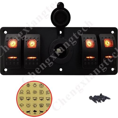 4 Gang Rocker Switch Panel Orange Led On/Off SPST + 12V Car Boat Cigarette Lighter Power Charger Socket Switch Panel + Stickers