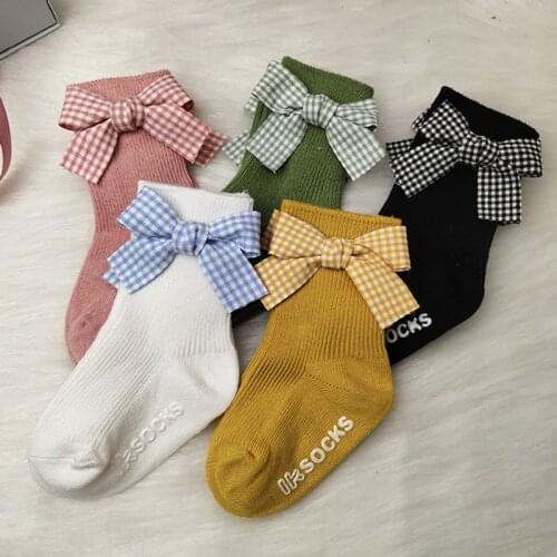 5 pairs/lot 0-5 years old knitted bowknot baby socks pure cotton soft childrens socks solid color middle tube girls socks