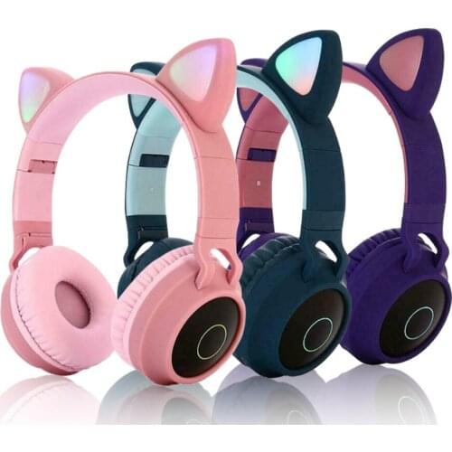 Wireless Bluetooth Headphone LED Cat Ear Girl Cute Head-mounted Noise Cancelling HIFI Headset Support TF Card Stereo Bass Music