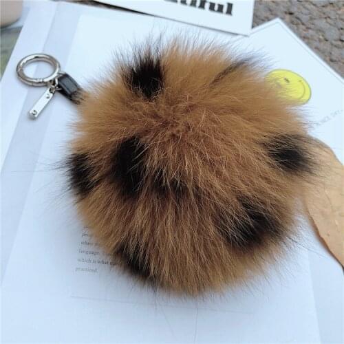 Handmade Fox Fur Ball Fluffy Leather Keychain Brown Leopard print Pompom keyring Handbag Charm Bag Pendant Key Chains Women Gift