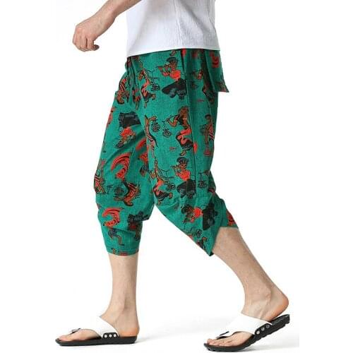 Fashion Floral Print Jogging Pants Men 2021 Summer New Cotton Linen Joggers Sweatpants Men Harajuku Streetwear Cropped Trousers