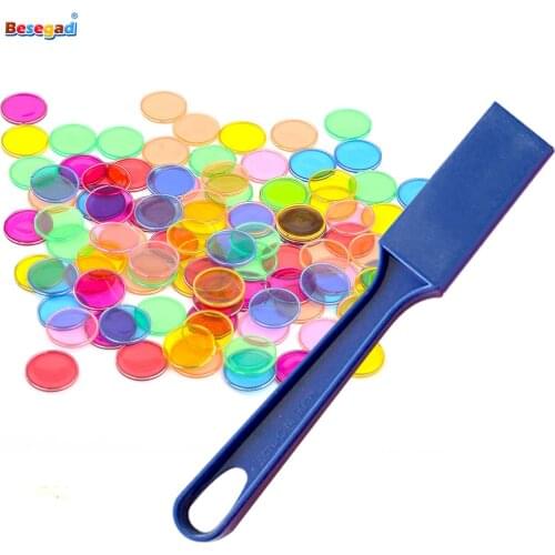 Kids Montessori 1PC Magnetic Stick Wand 100PCS Transparent Round Metal-Ring Bingo Chip Counting Cognitive Learning Math Play Toy
