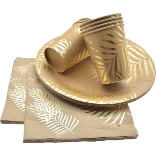 Hawaiian Theme Birthday Party Supplies Gold Foil Tropical Palm Leaves Plates Disposable Tableware Wedding Decoration