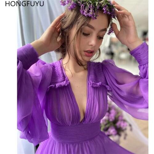 HONGFUYU Sexy Deep V Neck Evening Prom Dresses 2021 A-line Chiffon Long Sleeves Purple Formal Dress robe de soirée Party Gowns