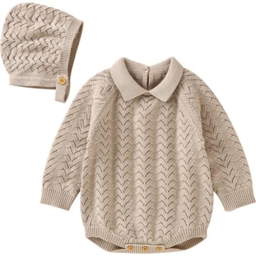 Baby Bodysuits Long Sleeve Newborn Boys Jumpsuits+Caps 2pcs Outfits Set for Infant Girl Autumn Winter Knitted Clothes Knitwear
