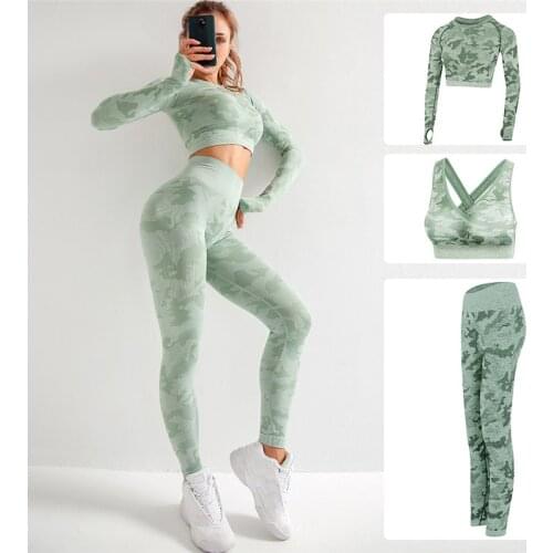 Yoga Set Fitness Sports Suits Women Seamless Gym Clothing Long Sleeve Crop Top Shirts High Waist Running Leggings Workout Pants