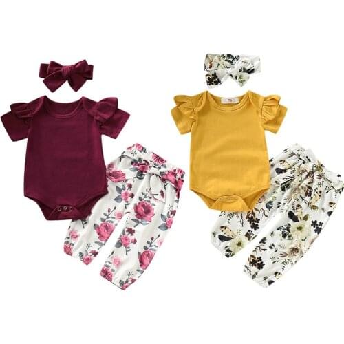 2019 Baby Girl summer clothing set yellow red romper Tops Floral Pants Headband Outfits for Kid clothes toddler Children newborn