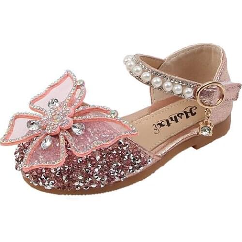 Girls Black Butterfly Beaded Flat Leather Shoes Korean Children Students Sequin Diamond Princess Shoes Kids Soft Sandals