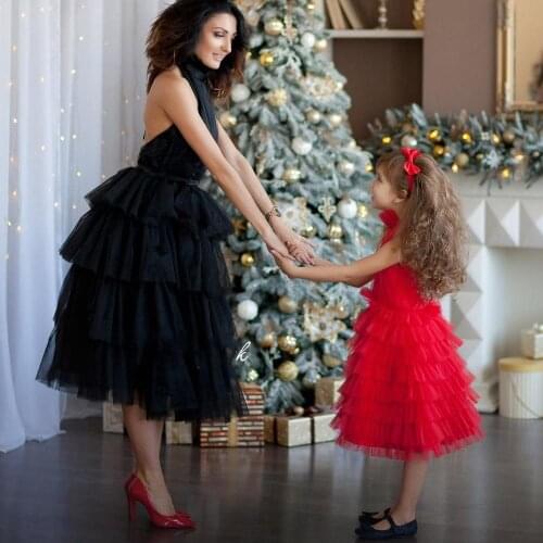 Mother & Daughter Red Tulle Puffy Dress Ruffled Tiered A-line Dresses Black Mid-Calf Fromal Party Gown Custom made