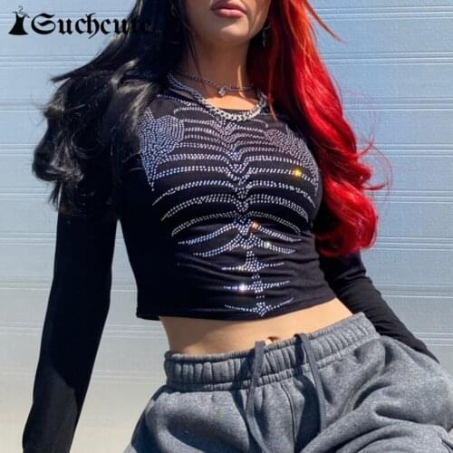 SUCHCUTE Rhinestone Skeleton Gothic Women Crop Top Long Sleeve Punk E Girl Black T Shirts Harajuku Aesthetic Autumn Casual Tee