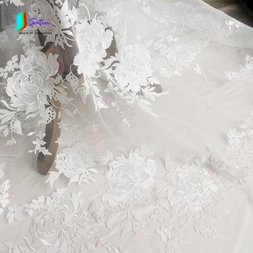 Ivory White Peony Embroidery Lace Fabric for Wedding Dress Sewing Decoration DIY Mesh Fabric S0734H