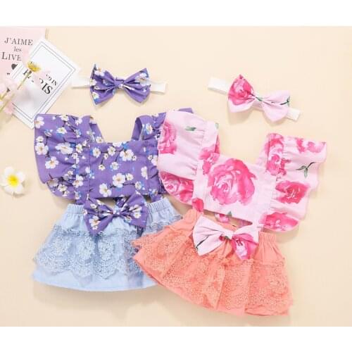 Summer Newborn Infant Baby Girl Dress Fly Sleeve Floral Bow Patchwork Lovely Lace Romper Bodytsuit Kawaii Bimba 2021