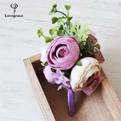 Lovegrace Wrist Corsage Bracelets for Bridesmaids Silk Roses Purple Corsages Wedding Boutonniere Marriage Corsages Accessories