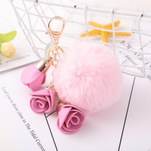 Fashion Flower Rabbit Fur Ball Key Ring Chiffon Tassel Car Key Chains Lady Bag Ornaments Creative Charm Flower Keychain EH897