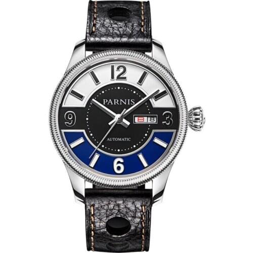 Parnis Gentel II Seriers Luminous Mens Leather Watchband Fashion Big Dial Dual Calendar Automatic Mechanical Watch Wristwatch