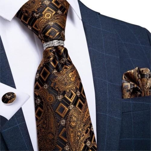 DiBanGu Mens Neckite Gold Black Silk Wedding Tie For Men Paisley Design Fashion Bussiness Party Tie Hanky Cufflinks Ring Set