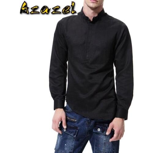 2020 autumn new Men tide pullover top stand collar long sleeve shirt youth solid color Europe Size British Style Cotton shirts