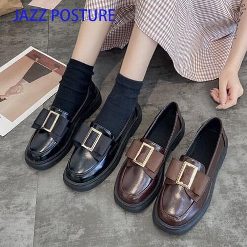 2021 autumn new mid heel shoes casual round toe small leather shoes female British style thick bottom all-match womens shoes