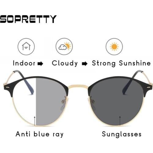 Retro Photochromic Grey Anti-blue Glasses ,Women Metal Eyebrow Trendy Myopia Glass Frames, Blue Ray Blocking for Computer A1920