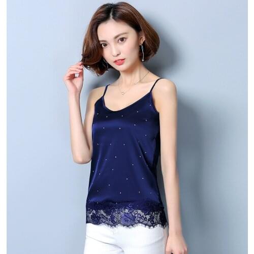 Sexy Fashion Women Tops 2020 Silk Lace Sleeveless Lace Trim Feminine Tops Dot blue Camisole Femme Plus size Clothing