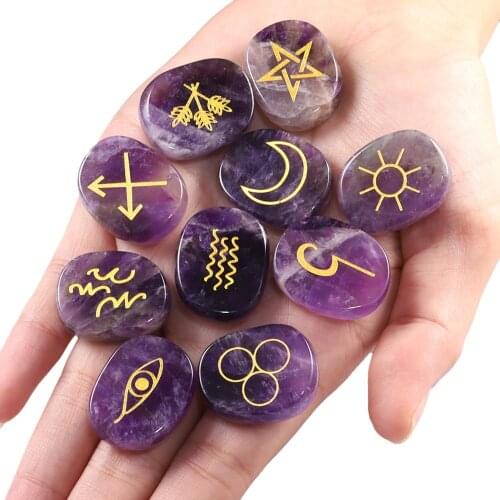 TUMBEELLUWA 1Lot (10Pc) Natural Engraved Gypsy Wiccan Pagan Symbol Rune Set for Healing Reiki Balancing Divination