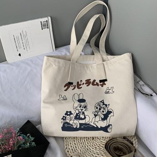Large Capacity Cartoon Print Ladies Canvas Shoulder Bag Eco Reusable Women Shopping Bag Vintage Beach Handbags Bolsas De Tela