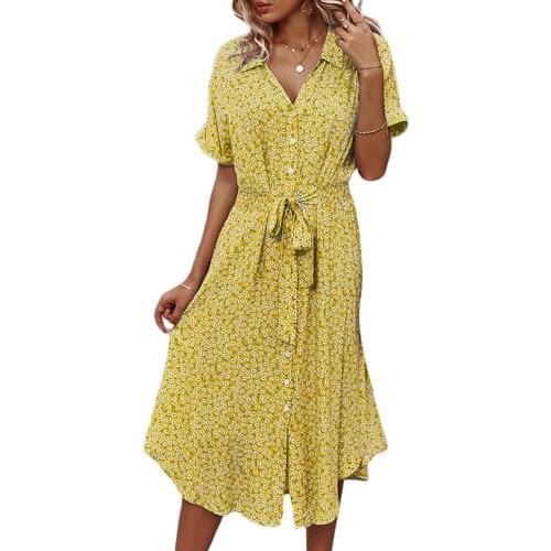 Women Button Down Shirts Dress Elegant Short Sleeve Floral Print Belted Vestdiso Loose Shirt Dress Summer Casual Holiday Drerss
