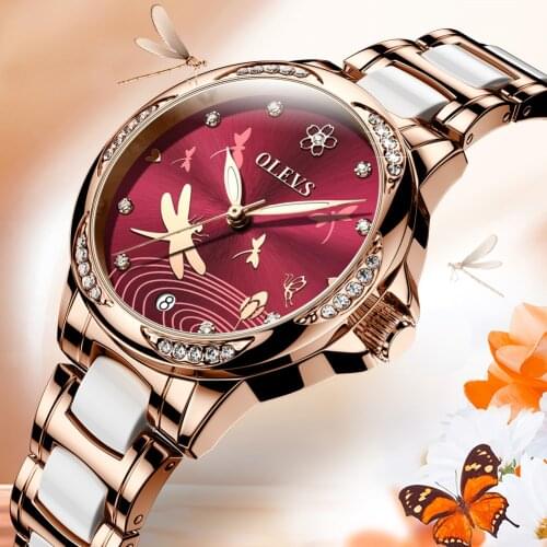 OLEVS Butterfly Women Watch Fashion luxury Ceramic Automatic Mechanical Diamond Simple Waterproof Luminous Ladies Wristwatch