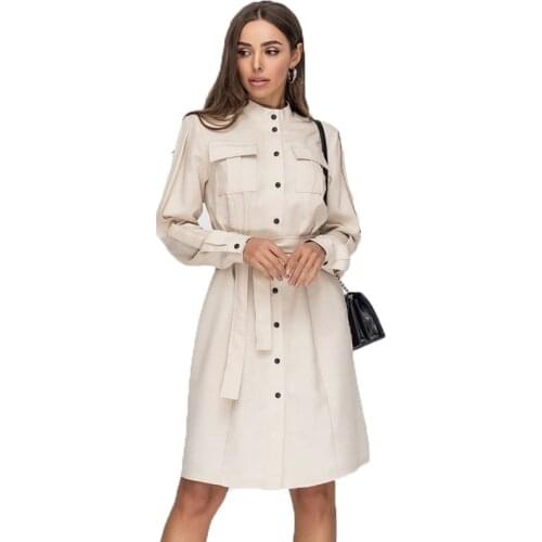 Women Vintage Front Button Sashes A-line Dress Long Sleeve Stand Collar Solid Elegant Casual Party Dress 2021 Autumn New Dress