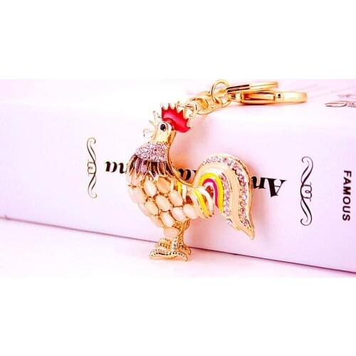 Zodiac Chicken Animal Metal Pendant Key Chain Creative And Lovely Studded Crystal Opal Rooster Women Car Bag Key Ring