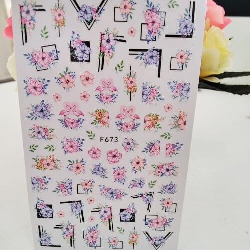 Pink Rose Purple Flowers 3D Stickers For Nails Flamingo Love Line Nail Art Decorations Adhesive Decals Foil Manicure Accessories