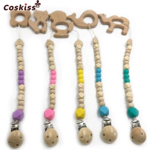 5pc Baby Teether Organic Wooden Animal Teether Natural Teething Grasping Toy Silicone Bead Toddler Teether Newborn DIY Baby Gift