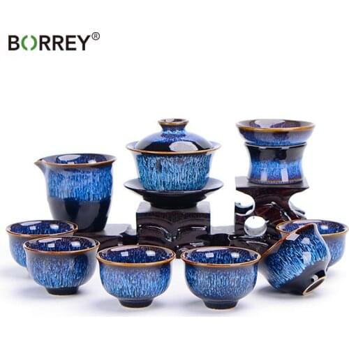 BORREY Chinese Kung Fu Tea Set Ceramic Portable Teacup Porcelain Service Gaiwan Tea Cups Mug of Tea Ceremony Teapot Gift Box