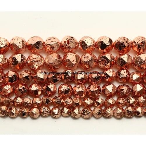 Natural Stone Big Cuts Faceted Rose Gold Plated Volcano Lava Round Loose Beads 15" Length 6 8 10 12MM Jewelry Make