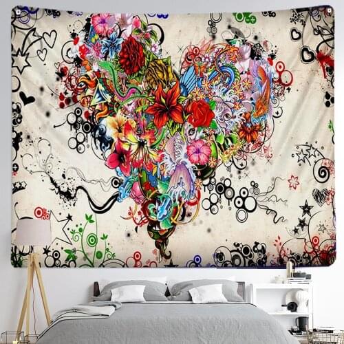 Love Heart Flowers Abstract Painting Art Tapestry Large Picture Prints Fabric Wall Hanging Christmas Decor Boho Home Bed Cover