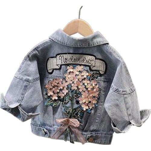 Spring and Autumn Fashion Child Kids Tattered Denim Jacket Girls Baby Flower Embroidery Jacket Children Jean Coat Free Shipping