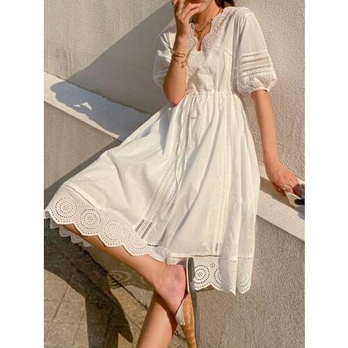 Jastie 2021 Vintage Womens Dresses Hollow Flower Embroidery V-Neck Puff Sleeve Midi Dress Bow Lace-Up Bohemian Prom Dress White