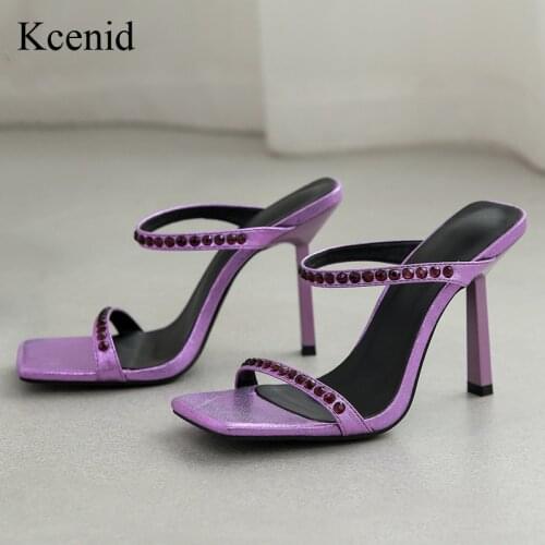 Kcenid New Elegant Crystal Strap Sandals Women High Heels Slippers Formal Party Shoes Square Open Toe Dress Mules Big Size 35-42